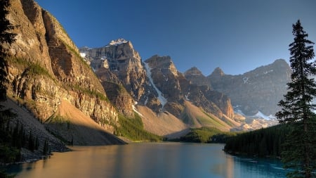 Moraine Lake, Banff National Park - mountains, morning, water, photography, mist, sunshine