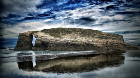 spectacular rock on a beach hdr - clouds, beach, rock, hdr, portal, sea