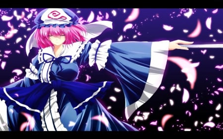 Go That Way - hat, saigyouji yuyuko, short hair, anime, touhou, fan, pink hair, petals