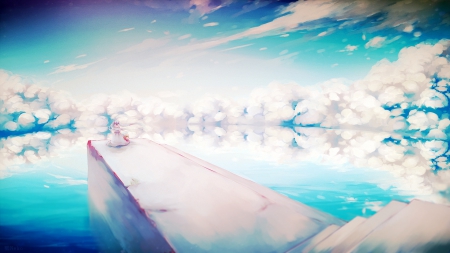 ~Self Reflection~ - stairs, hatsune miku, sky, hat, scenic, long hair, water, ponytails, vocaloid, clouds, anime, dress