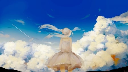 Head In The Clouds - hatsune miku, sky, long hair, ponytails, clouds, vocaloid, anime, white hair, dress