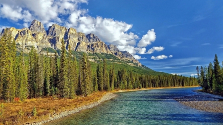 flowing river hdr - mountain, flowing, forest, river, clouds, hdr