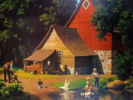 Memories - fun, farm, trees, joy, animals, peaceful, countryside, painting, art, childhood, children, house, pond, scene, summer, playing, kids, forest, beautiful, memories, barn