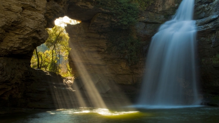 Hidden - cave, waterfall, photo, sun