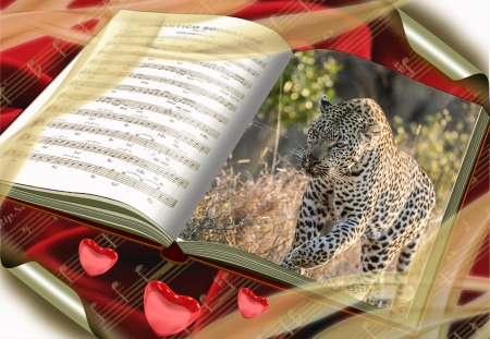 Stepping Out - red hearts, grass, music book, tiger