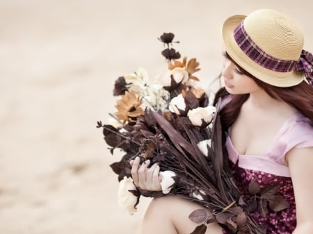 asian in flower mood - asian, hat, model, flower