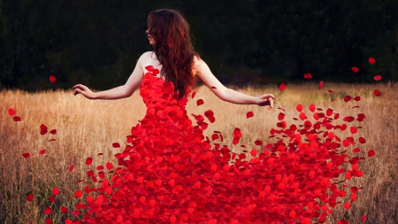 flower petals dress - woman, red, petals, flowers, rose, flower, dress