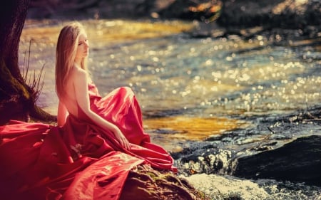 Beautiful girl - water, woman, sunlight, river