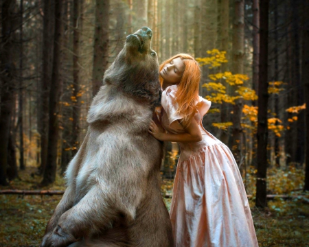 My bear friend - forest, bear, animals, tree, woman