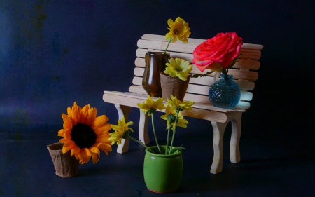 Still life - flowers, bench, vases, Still life