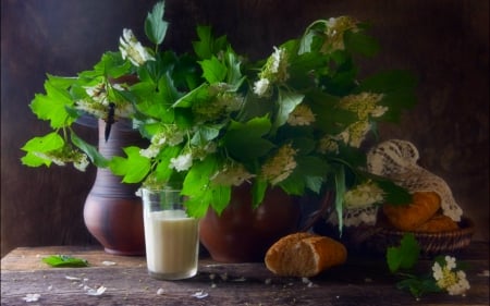 Still life - flowers, still life, milk, bread