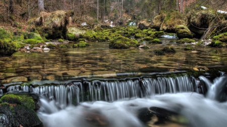 short waterfalls on a tranquil stream hdr - sprat, stream, waterfalls, moss, hdr, rocks