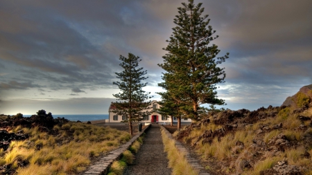 beautiful coastal house  - clouds, house, trees, coast, sea, grass, walkway