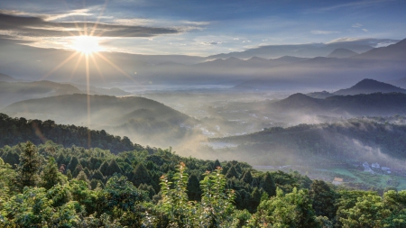 splendid sunrise over green mountains - forests, fog, sunrise, mountains, villages