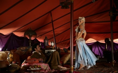 1001 Nights - tale, dancer, blue, dress, singer, girl, man, actress, arabian, fantasy, red, woman, christina aguilera, couple, 1001 Nights, artist