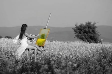 A tribute to beauty - painter, nature, girl, two colors, field, canvas, black and yellow