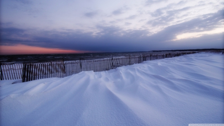 Snowy beach - wallpaper, beach, ocean, nature, sunset, winter, water, landscape, hd, sky, clouds, scene, sea, sunrise, waves, dawn, snow