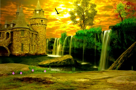 FANTASY DUSK - dusk, birds, waterfalls, castle