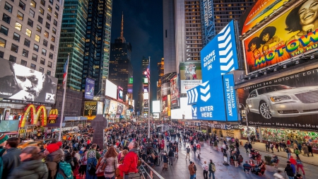 pedestrian friendly times square nyc hdr - street, people, ads, lights, hdr, skyscrapers, city, night