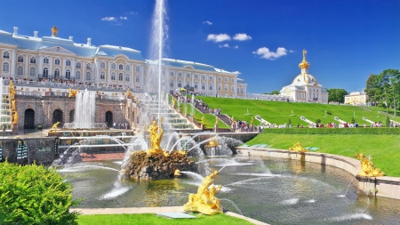 peterhof palace in st. petersburg russia - hill, statues, place, grass, fountains