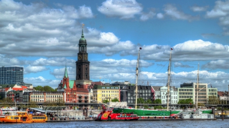 s. michael's church in hamburg on the elbe river hdr - clouds, river, hdr, ships, city, church