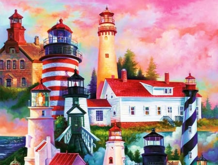 Lighthouses - house, lights, painting, artwork, towers