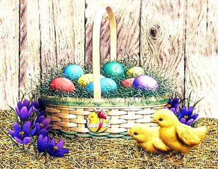 Happy Easter - eggs, basket, chicken, artwork