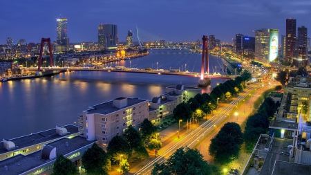 bridges in rotterdam at night - river, bridges, streets, lights, city, night