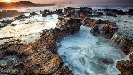 fabulous rocky shore at sunset - surf, shore, sunset, sea, rocks