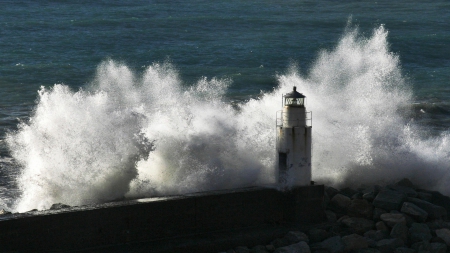 stormy sea wave smashing into lighthouse - storm, wharf, lighthouse, sea, splash, wave