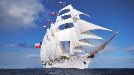 the tall ship elissa out of texas - white, sky, tall ship, flags, sails, sea, ocean, sailboat