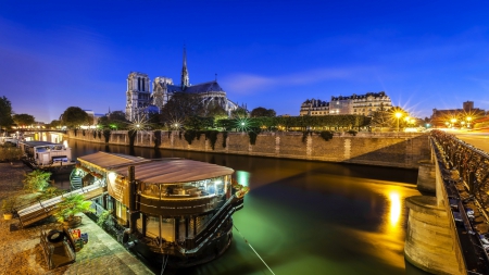 house boats on the seine river in paris - boats, river, night, city, cathedral, bridge, lights