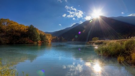 bright sunrise above a river - rays, sunride, trees, river, mountains