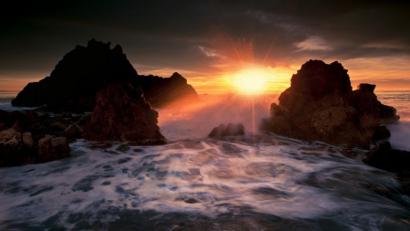 sunset on a rugged rocky shore - spray, shore, sunset, foam, waves, sea, rocks