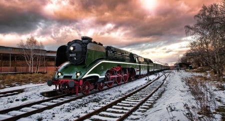 Transsiberian - sky, locomotive, winter, railroad, clouds, nature, snow