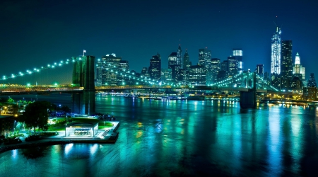 New York - water, skyline, splendor, city, city lights, night, reflection, buildings, river, nature, skyscrapers, new york, sky, bridge