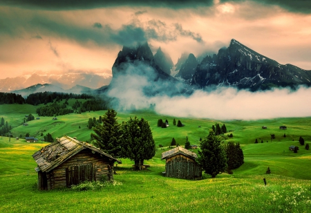 At The Alps Domain - trees, dolomites, clouds, green, prairie, sunset, huts