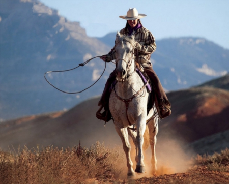 Cowgirl Riding - hat, cowgirl, rope, mountains, horse