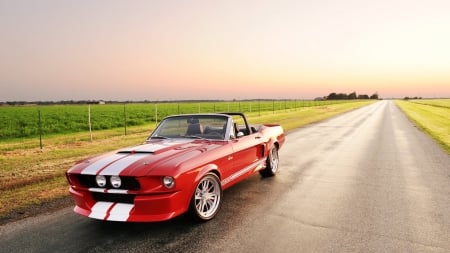 ford shelby mustang convertible - red, car, road, convertible, fields