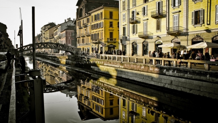 canal in milan italy - restaurant, reflection, city, canal, bridge