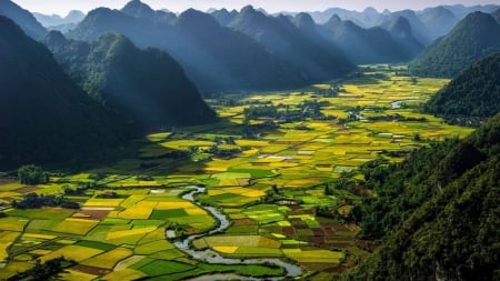 agricultural fields in a vast river valley in viet nam - mountains, fields, river, valley