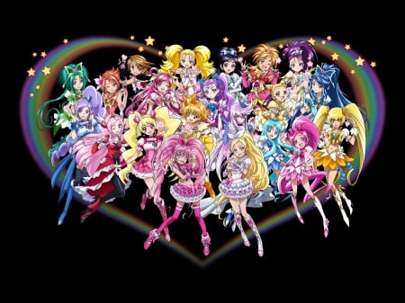 Pretty Cure All Stars - gown, black, plain, beautiful, abstract, anime girl, girl, sparks, simple, pretty, magical girl, beauty, sweet, precure, anime, hd, team, dress, long hair, group, nice, lovely, pretty cure, female