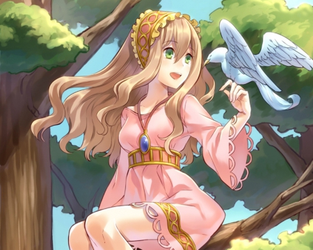 Maiden - pretty, bird, anime, female, maiden, dress, plant, long hair, happy, nice, gown, anime girl, beautiful, hot, girl, beauty, lovely, brown hair, sweet, tree, smile, lady, cute, sexy