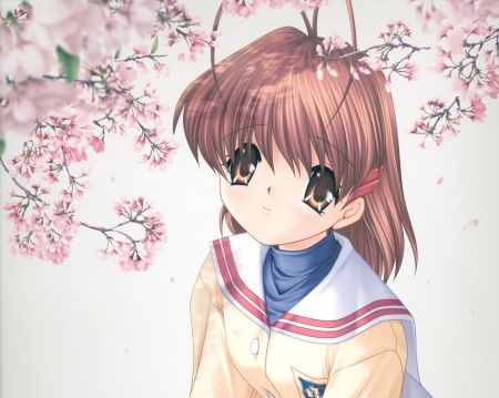 Nagisa - pretty, anime, kawaii, female, nagisa, furukawa nagisa, happy, uniform, short hair, plain, hd, nice, clannad, brown eyes, anime girl, sakura, cherry blossom, beautiful, girl, furukawa, beauty, lovely, sakura blossom, brown hair, sweet, flower, petals, nagisa furukawa, school uniform, smile, cute, floral