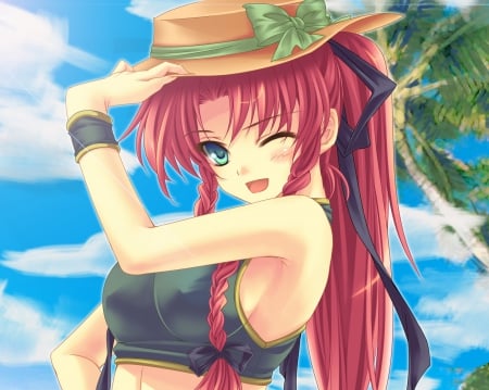 Wink - pretty, anime, kawaii, female, scenery, scene, wink, hong meiling, long hair, touhou, nice, sky, hat, anime girl, beautiful, girl, scenic, beauty, lovely, cap, sweet, braids, cloud