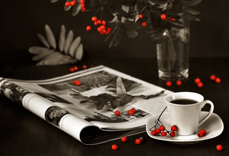 The coffee hour - twigs, berries, coffee, mug, magazine