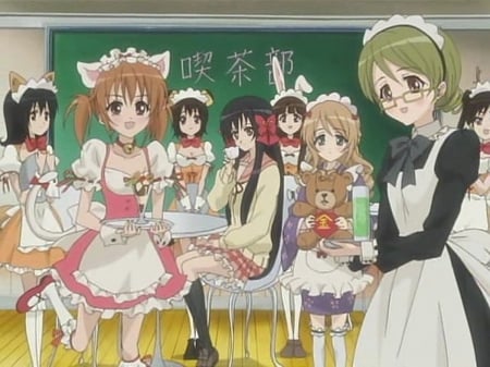 Girls Cafe - nice, female, glasses, waitress, anime girl, tray, pretty, table, anime, food, team, girl, strawberry panic, lovely, kawaii, sweet, smile, cafe, group, maid, happy, friend