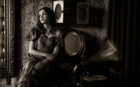 Listening old music - white, woman, girl, music, old, black, model, gramophone