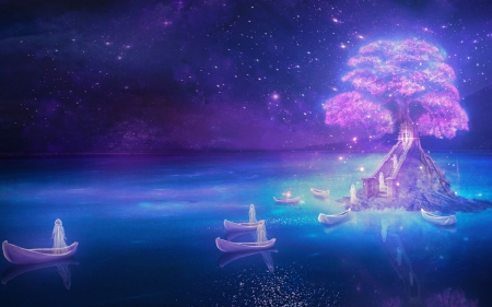 Fantasy - spirits, lake, sky, stars, night, water, fantasy, world, art, pink, blue, tree, lilia osipova, boat