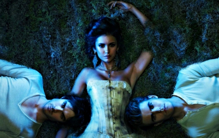 Vampire Diaries (2009-) - woman, nina dobrev, actress, girl, paul wesley, tv series, stefan, fantasy, ian somerhalder, white, man, blue, damon, actor, vampire diaries, elena